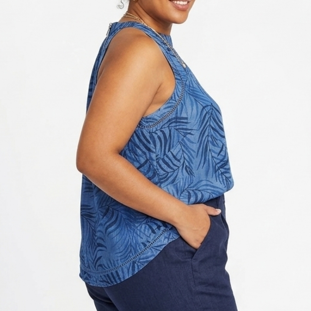 ​Cato Blouse 100% Tencel Lyocell Size 18/20W Plus Blue Tropical Palm Print Halte - Picture 2 of 12